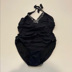 Love Your Assets Spanx Chic Black Halter Swimsuit with Zebra Trim